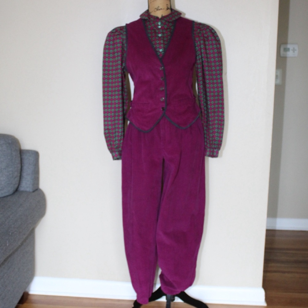 Vtg 80s Liz Claiborne 3 Pc Burgundy Corduroy Vest Pants Diamond Blouse Womens S